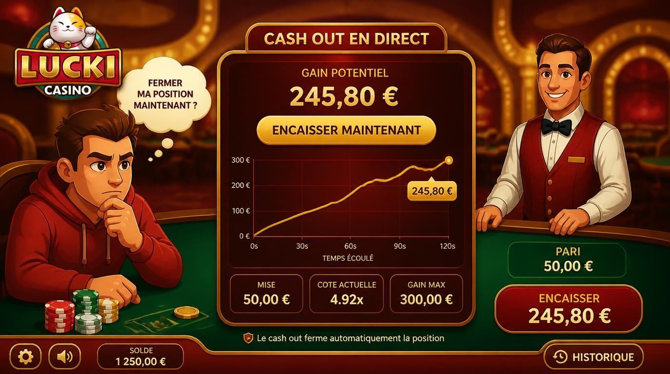 Un joueur hésite à activer le cash-out sur Lucki avec un environnement live de casino visible
