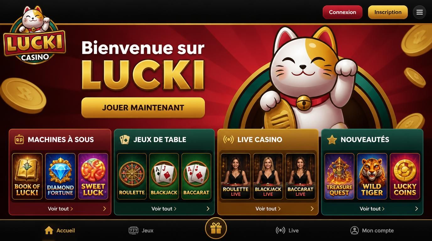 Interface claire de Lucki Casino montrant les catégories de jeux