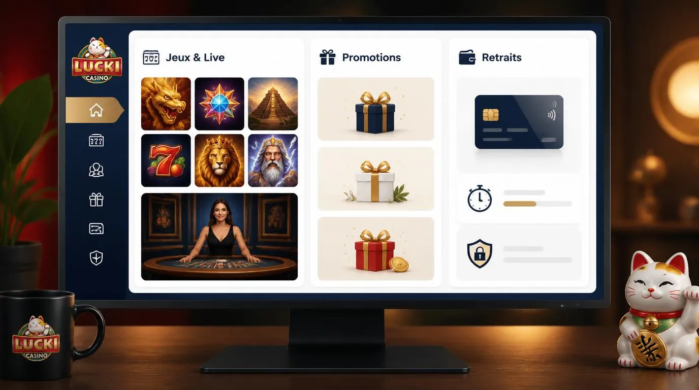Interface de casino avec machines à sous, table live, offres promotionnelles et panneau de retrait sécurisé