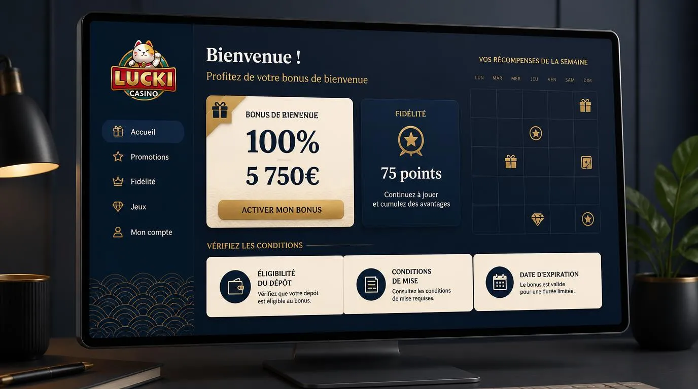 Interface de bonus avec offre de bienvenue, points de fidélité et étapes de vérification avant dépÎt