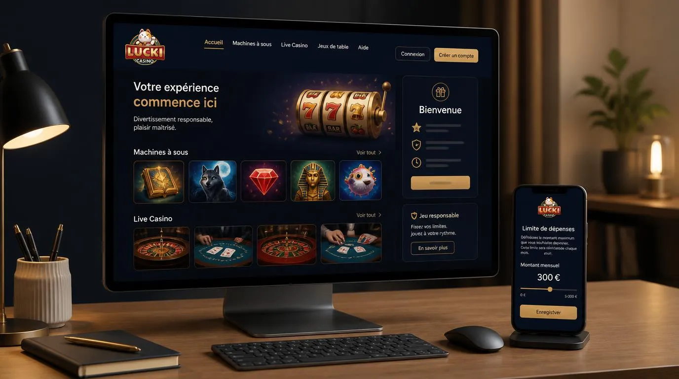 Ăcran de casino avec machines Ă sous, jeux en direct et panneau de bienvenue Ă cĂŽtĂ© dâun contrĂŽle de budget