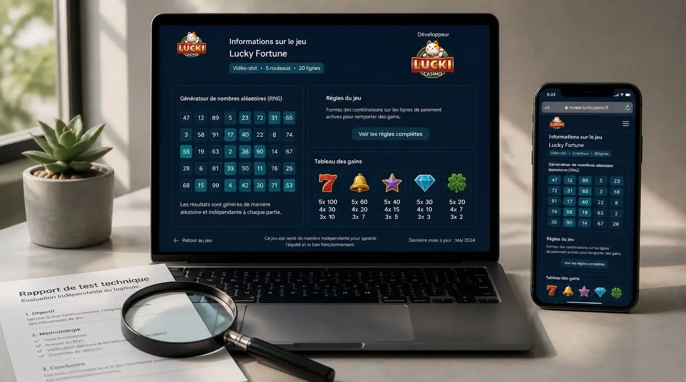 Interface de jeu avec fournisseur identifié, rÚgles accessibles et panneau de contrÎle du générateur aléatoire