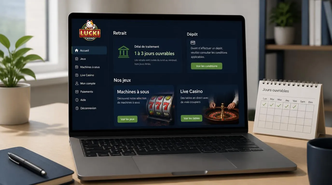 Interface de casino avec délai de retrait de 1 à 3 jours ouvrables et catalogue de machines à sous et jeux en direct